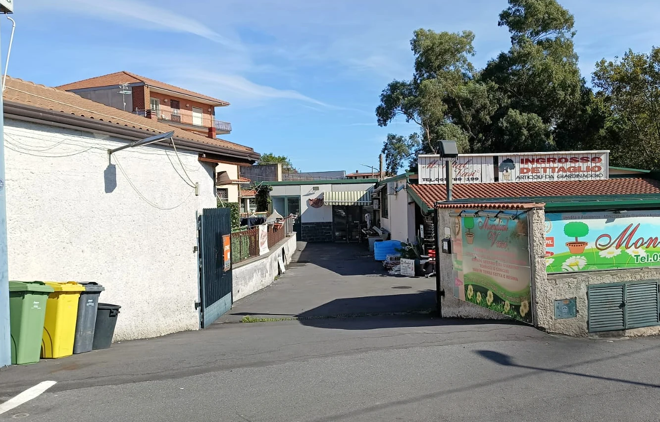 Il vialetto d'ingresso di Via Verdina con l'insegna Mondial Vasi sul muro